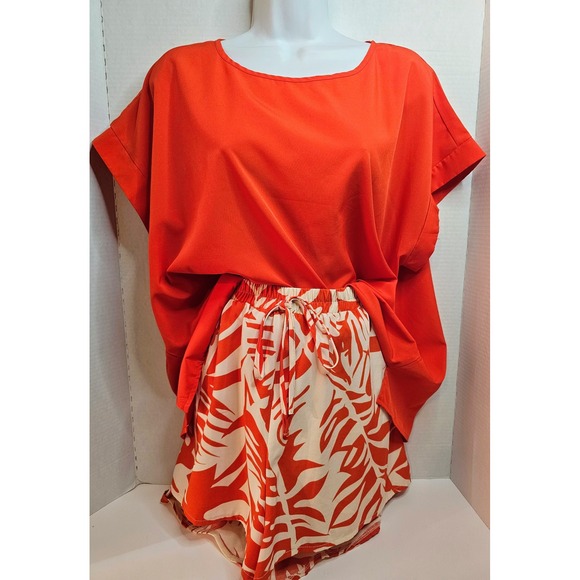 SHEIN Curve Women's 1XL Orange Leaf Print Two Piece Outfit Short Set - Picture 1 of 6